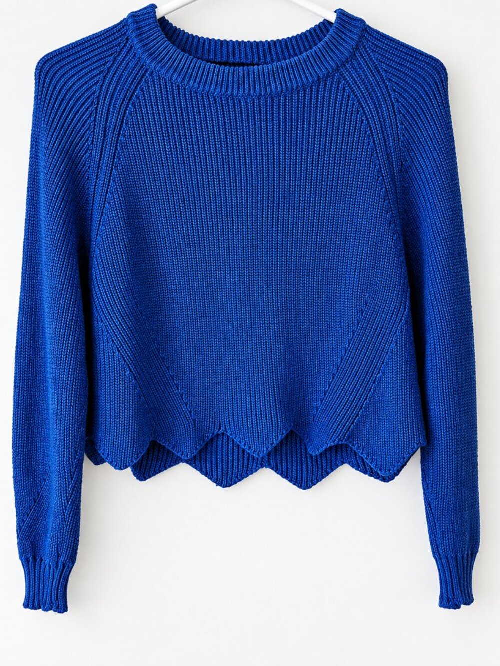 Atmosphere Blue Scalloped Hem Knit Sweater Cotton Acrylic